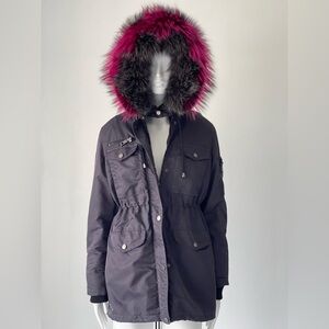 JOCELYN Reversible Parka M – Real Fox Fur Hood – Black with Pink Trim – RARE -